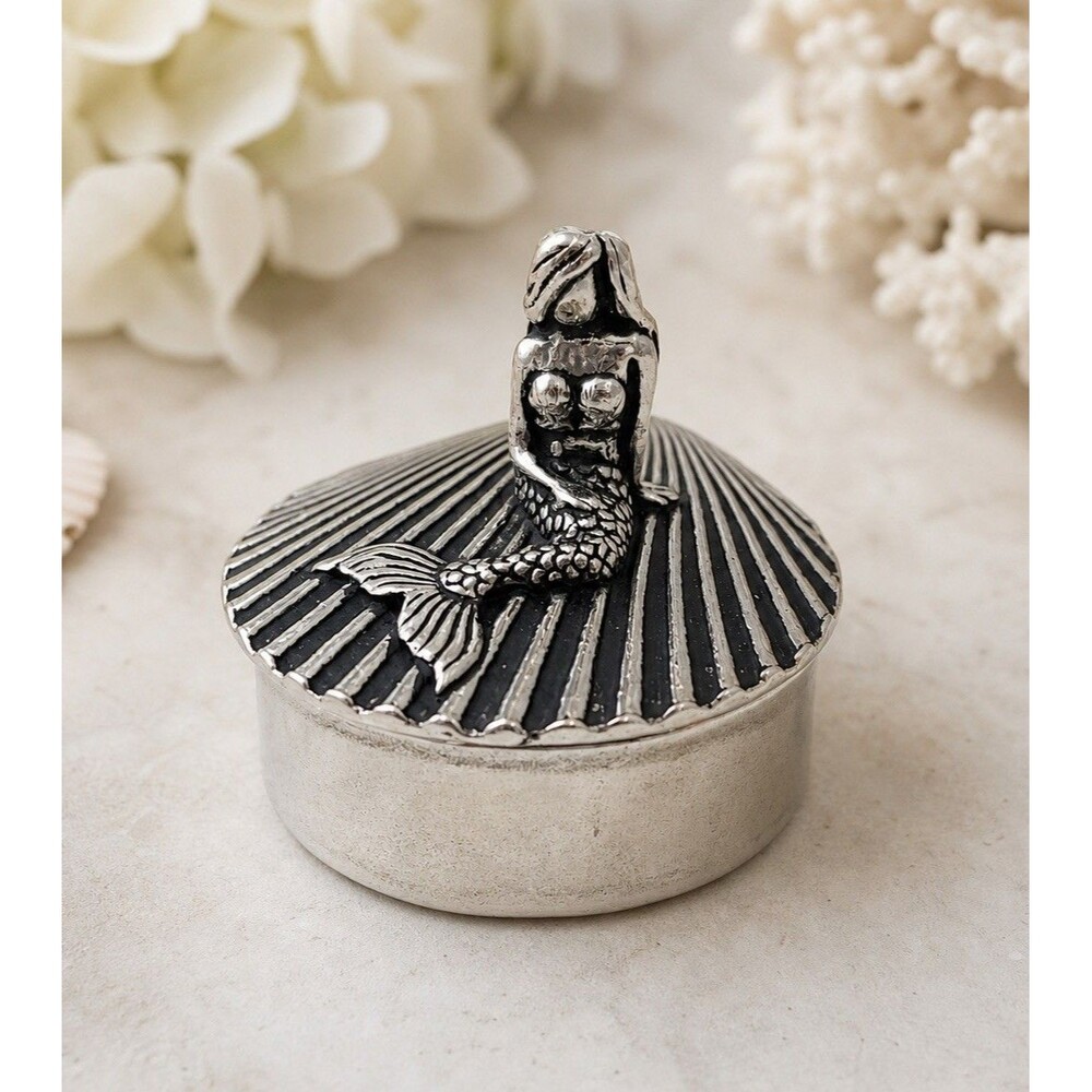 Basic Spirit Pewter Mermaid Trinket Box Shell Coastal Nautical Jewelry Keepsake